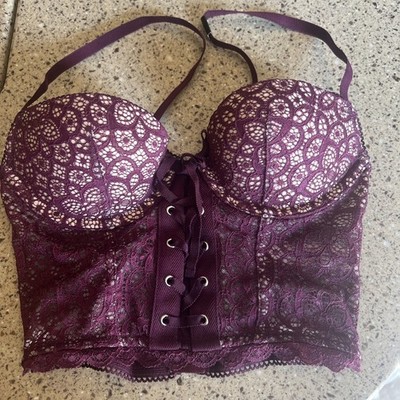 NWT Victoria's Secret 32B Demi Padded Purple Bra Bustier Lace Up Zipper