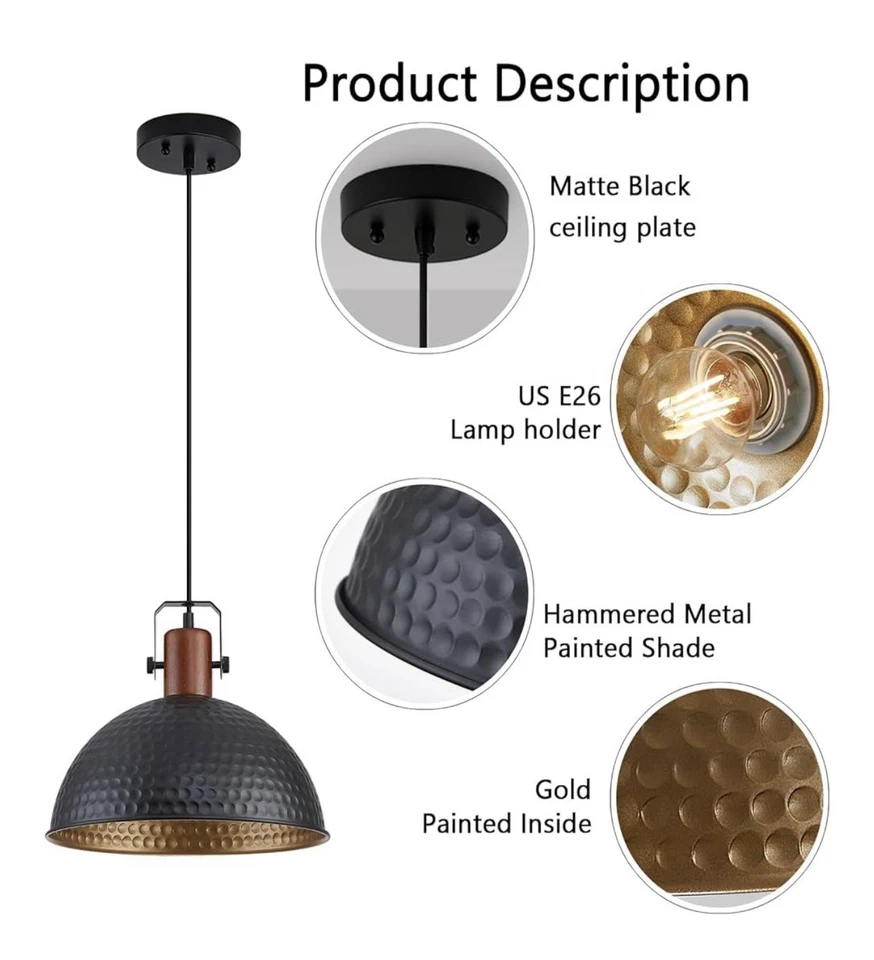 12 Inch Pendant Lights Hammered Matte Pendant Lights M-2-Packs Black - Image 3 of 4