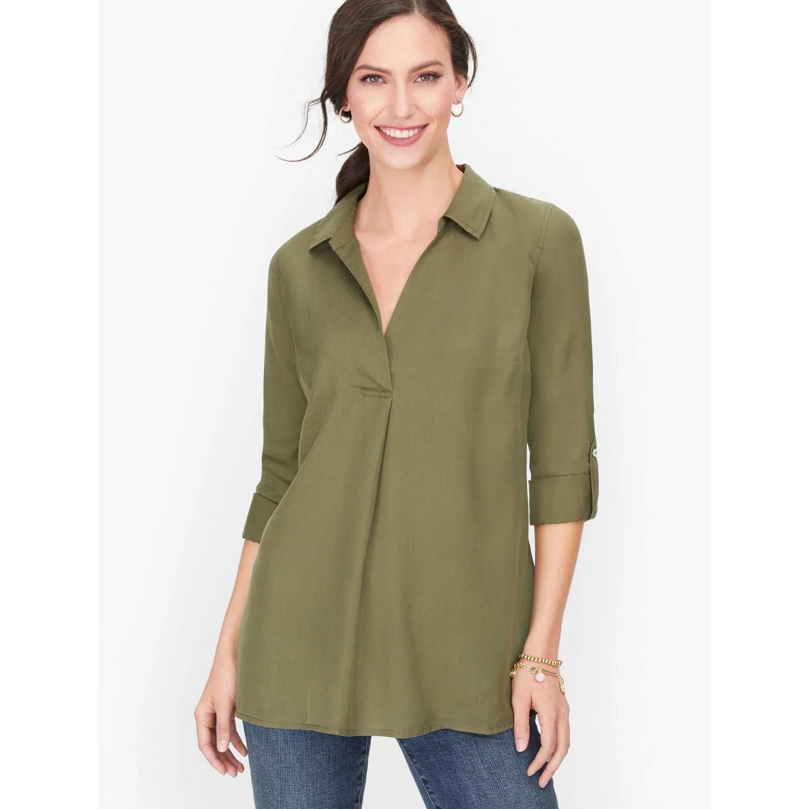 Talbots Button Back Green Collared Pullover Roll … - image 5