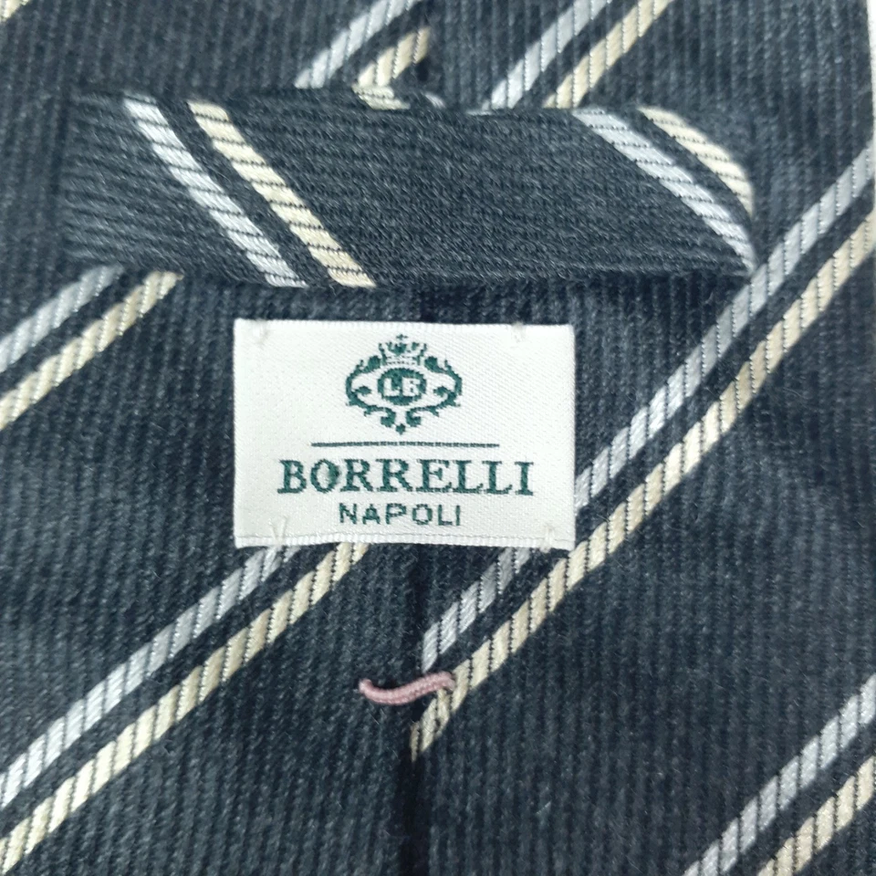 Галстук кашемировый шелковый серый желтый в полоску Borrelli Napoli 60/40 - Изображение 2 из 4