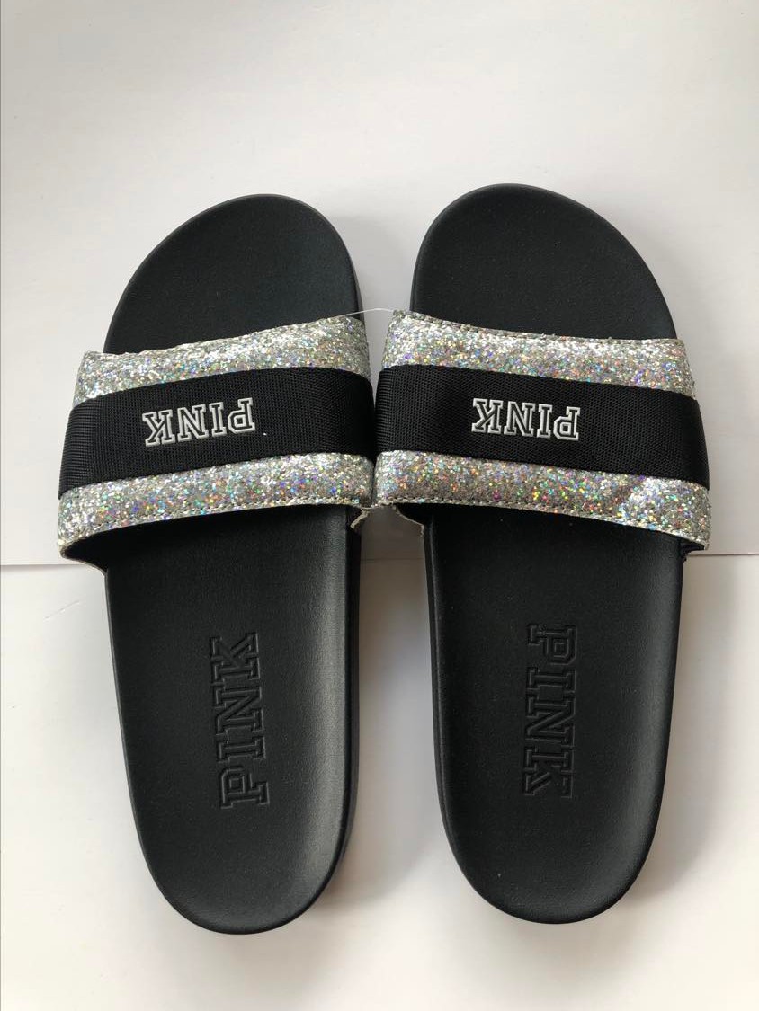 Victoria's Secret Pink Logo Single Strap Slides Sandals Silver
