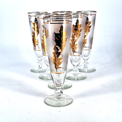 7 Vintage Libby Golden Foliage Frosted Pilsner Glasses  8.5'' Tall