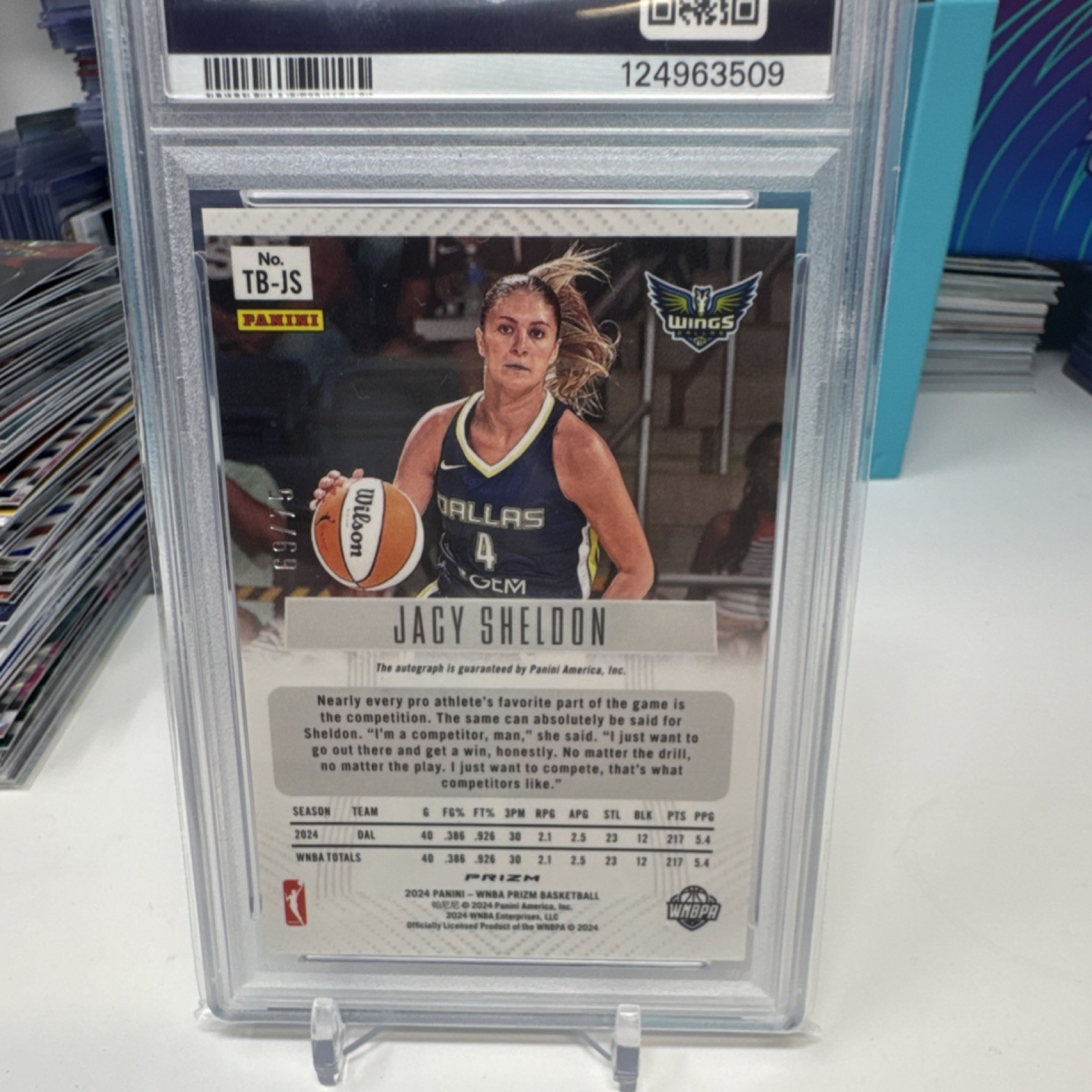 2024 Panini Prizm WNBA Jacy Sheldon Blue Rookie Auto /75 #SG-JS PSA 8 view 7