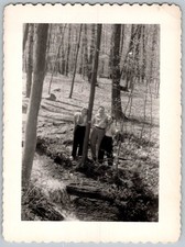 Vtg B&W Snapshot Three People Posing By Stream in Woods Forest Trees 1940s
