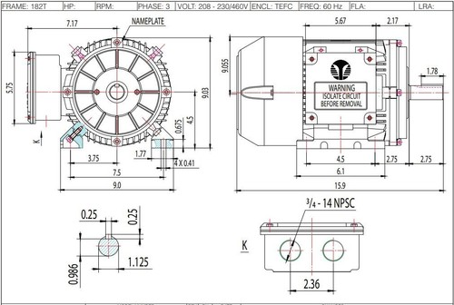 Techtop Electric Motor 3 HP 1800 Rpm 3-PH 230/460 Volt 182T Frame - Picture 5 of 9