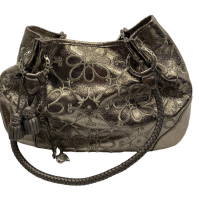 Brighton Valencia Shoulder Handbag Purse SIlver Metallic Floral Design Medium