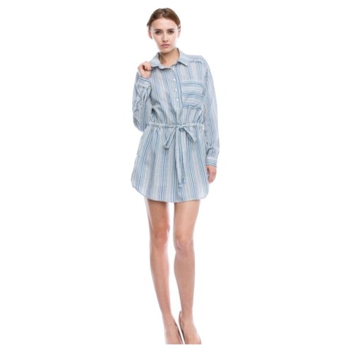 Damen Größe L Hemdkragen Kleid blau weiß gestreift Langarm Kragen Oberteil Boho - Bild 3 von 12