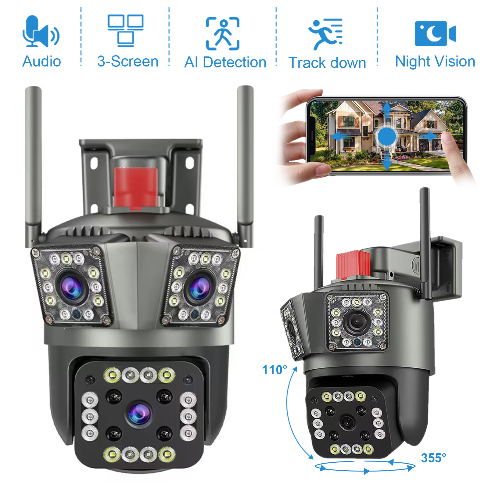 Security Camera Wireless Outdoor WiFi Camera 3Lenses HD Night Vision Wide Angle-image