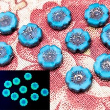 12mm Hibiscus Uranium Glass Beads Dark Blue Flower Czech Pressed Glass 10pcs