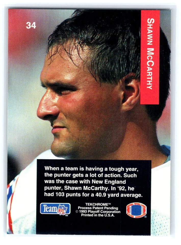 1993 Playoff Football #34 Shawn McCarthy    New England Patriots - Image 2 of 2