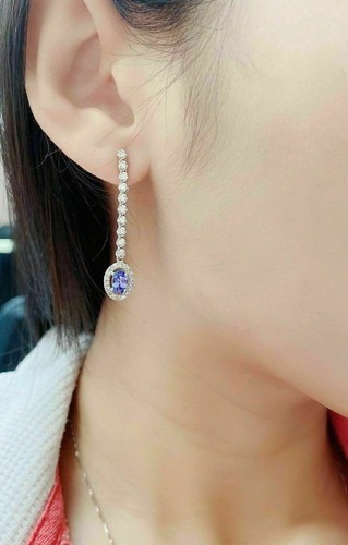 2Ct Oval Cut Blue Tanzanite Halo Drop & Dangle Earrings 14K White Gold Finish - 第 2/3 張圖片