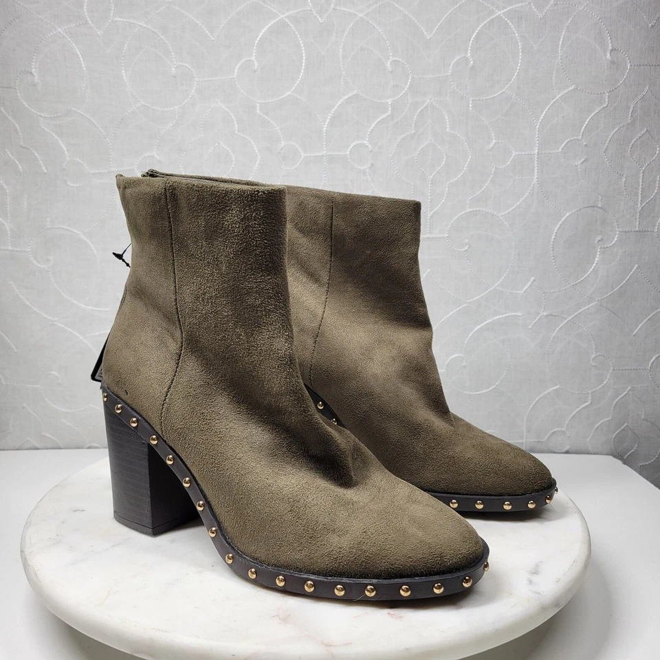 Forever 21 Botas de Gamuza para Mujer 7 Cuero Verde Dorado Remaches Tacón Bloque Cremallera Nuevas Foto 2 de 4
