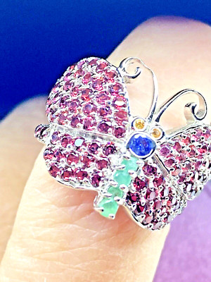 Tanzanite, Emerald, 14k White Gold Over 925 Total Sz9 Butterfly ''Auntie Pat''