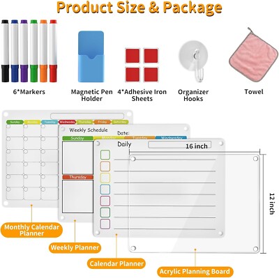 AOSITE Acrylic Magnetic Dry Erase Board Calendar for Fridge, 3 Pack 12''x16