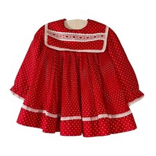 Vintage Infant Dress Red White Pin Dot Pinch Pleated Skirt Lace Trim 6 months