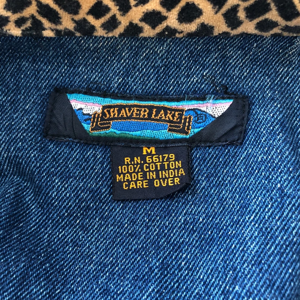 Shaver Lake Denim Jacket Womens Medium Leopard Cheetah Velvet Boho Patchwork - Image 3 of 4