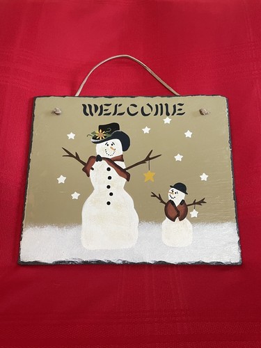 Snowman Family "WELCOME" Winter Hanging Slate Sign - Picture 5 of 12