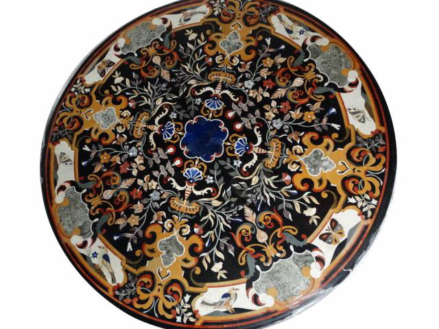 42-inch black marble round table top with floral pietra dura inlay for home and garden decor