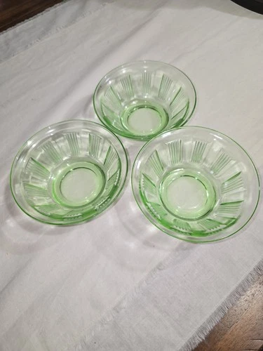 3 Green Uranium Depression Glass Small Bowls GLOW 4.5" DIA Vintage