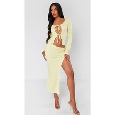 PrettyLittleThing Plus Pale Yellow Ribbed Tie Detail Skirt Set US Size 24
