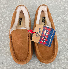 Deluxe Men s Suede Moccasin Slippers Shearling Lined Slip-On Rubber Sole Brown 2