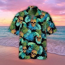 Pineapple Skull Tropical Leaves Hawaiian Shirt - Adults  Youth