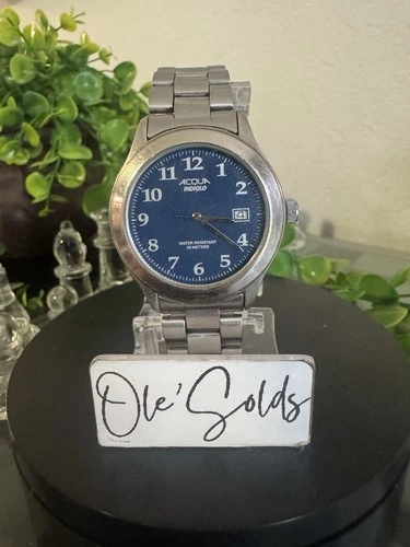 Vtg Timex Acqua Watch Men  Silver Tone Indiglo Blue Dial New Battery