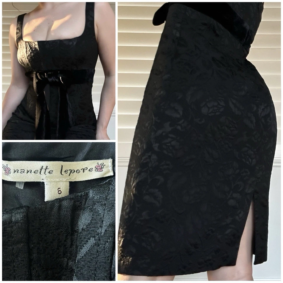 Vestido Nanette Lepore tapiz mildmaid talla 6 vintage diseñador negro terciopelo lazo Foto 4 de 4