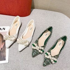 Flat Shoes Women Pearls Pointy Toe Green White Ballet Women Slip On Loafer Dress