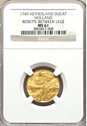1749 Netherlands, Holland (Rosette *) Gold Ducat, Certified NGC MS-61