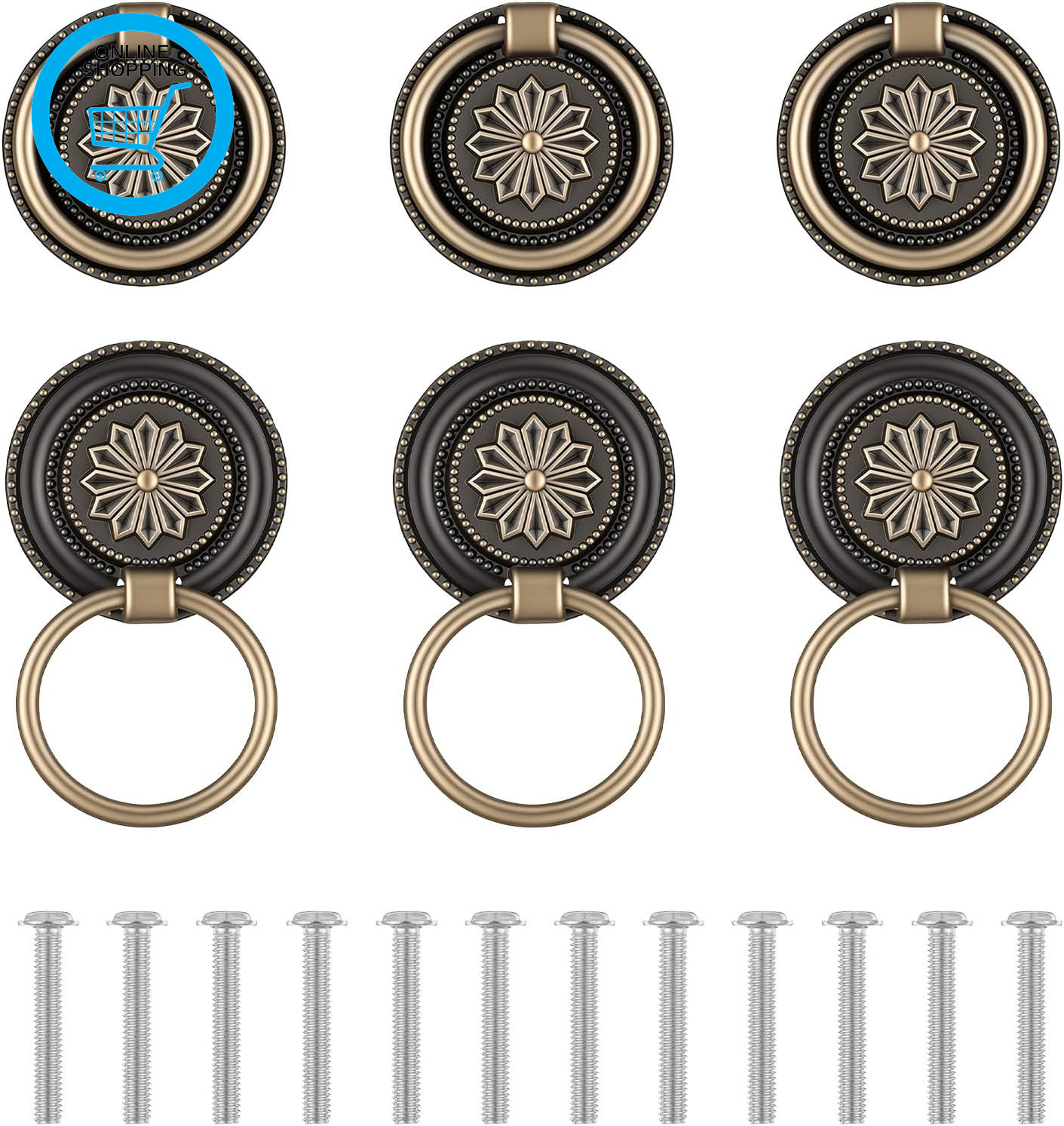 6 PCS Antique Bronze Drawer Pull Ring, Solid Zinc Alloy Vintage Cabinet Pulls Ri