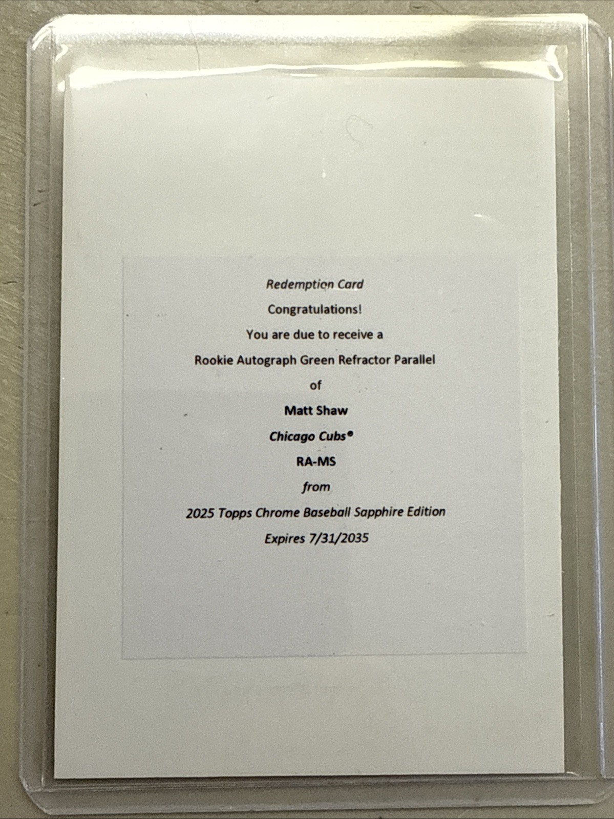 2025 TOPPS CHROME SAPPHIRE GREEN REFRACTOR MATT SHAW AUTO RC SP/99 REDEMPTION