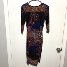 Joseph Ribkoff Paisley Faux Wrap Dress Size 6 Midi Sheath Ruched Designer