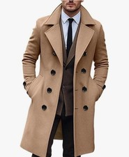 Men  s Double Breasted Long Wool Blend Overcoat