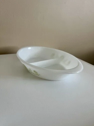 Vintage Oval Glasbake Green Crazy Daisy Divided Casserole Dish