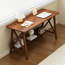 Extra Long Desk with Bookshelf - Wooden Home Office Work Study Table, Writing...