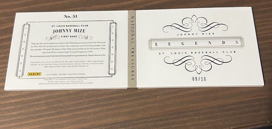 2014 National Treasures Johnny Mize Legends Game Used Auto Booklet /10! view 2