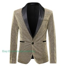 Mens Glitter Sequin Lapel Collar One Button Blazer Jacket Clubwear Singer Coat