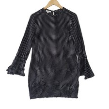 Equipment Polka Dot Silk Dress Womens Medium Black Bell Sleeve Shift Parisian