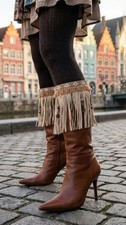 NEW Women Western Beige Boot Topper Cover Faux Leather Long Fringe Winter Pair