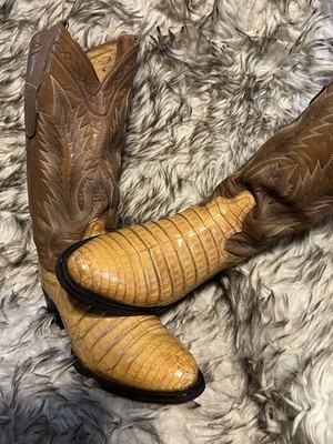 TONY LAMA MEN TOP QUALITY CAIMAN & LEATHER WESTERN BOOTS-tan-Sz 7.5 D