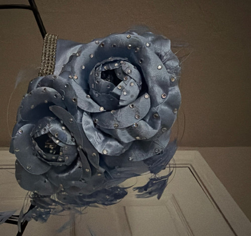 Eve Andrea Light Blue Satin Floral Fascinator Headpiece Beaded Feather Accents