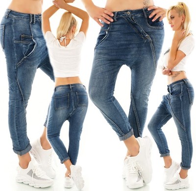 Harem Jeans Damen Türkisch Denim Stretch Asymmetrische Taschen New 