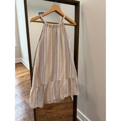 Given Kale Women Tan Lavender Striped Halter Mini Dress Size Large Ruffle  Linen