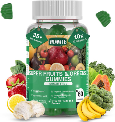 Sugar-Free Fruit and Veggie Gummies   35+ Greens, Fruit and Vegetable Vitamin...