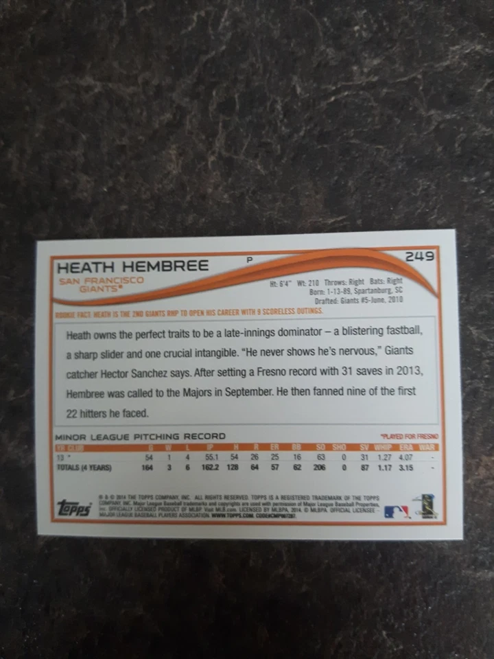 2014 Topps Rookie Heath Hembree RC Card# 249 - Image 2 of 2