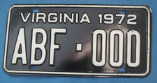 1972 Virginia Sample License Plate excellent