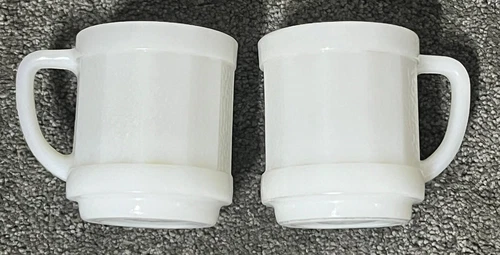 Vintage Federal Glass Pressed White Milk Glass Mug Pair Textured Panel Sides USA