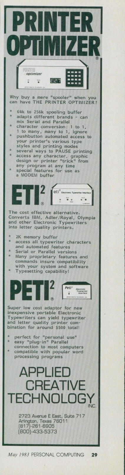 1983 Applied Creative Technology Printer Optimizer ETI2 PETI2 Arlington Ad PEC1