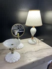 Vintage Hobnail Milk Glass Teardrop Table Lamp Matching Mirror & Dish